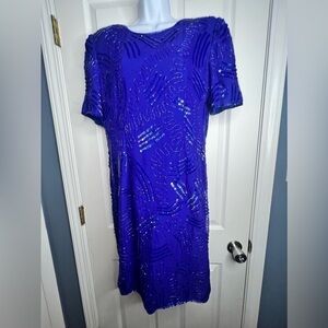 Vtg Robert Anthony Women's 12 Blue Beaded 100% Silk Short Sleeve Evening Dress L